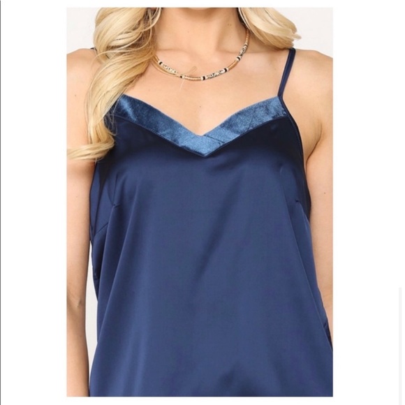 🌼 ONE LEFT✨ ✨ slightly stretchy sapphire blue silky tank with velvet trim - Picture 2 of 3
